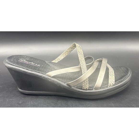 Skechers Women’s Open Toe Slip-on Strappy Wedge BLACK SILVER Sandal Heels Sz 9 - Picture 11 of 16